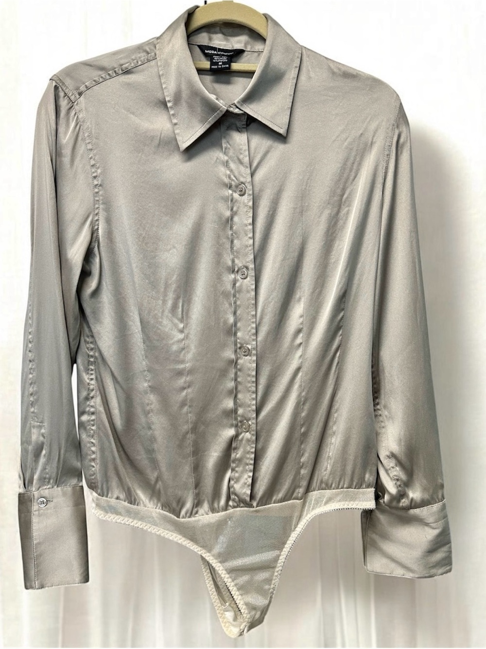 Moda International Silver Stretch Satin Button-Up Bodysuit Shirt M